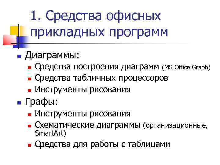 1. Средства офисных прикладных программ Диаграммы: Средства построения диаграмм (MS Office Graph) Средства табличных