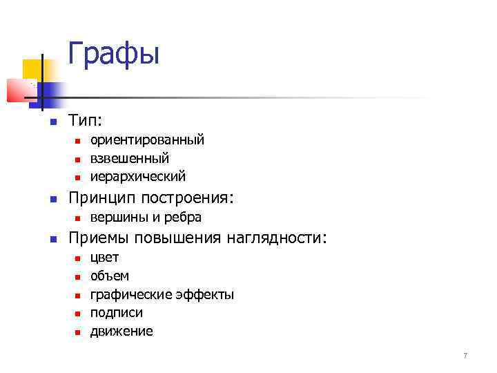 Графы Тип: Принцип построения: ориентированный взвешенный иерархический вершины и ребра Приемы повышения наглядности: цвет