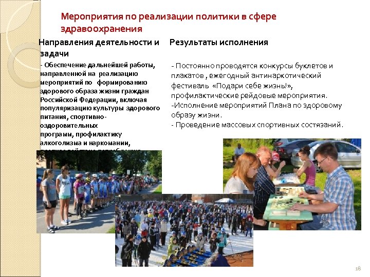 Мероприятия по реализации политики в сфере здравоохранения Направления деятельности и задачи Результаты исполнения -