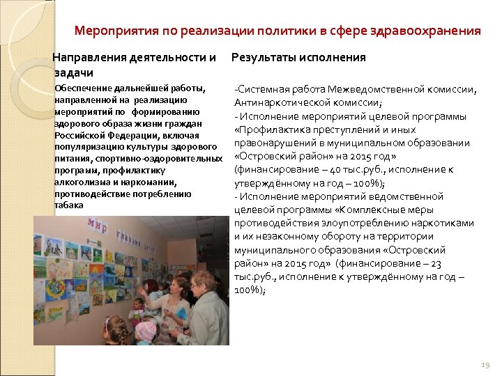 Мероприятия по реализации политики в сфере здравоохранения Направления деятельности и задачи Результаты исполнения Обеспечение