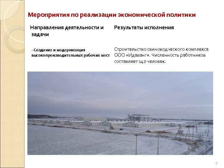 Мероприятия по реализации экономической политики Направления деятельности и задачи Результаты исполнения Строительство свиноводческого комплекса