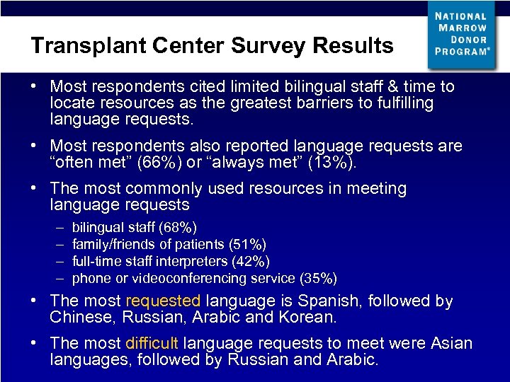 Transplant Center Survey Results • Most respondents cited limited bilingual staff & time to