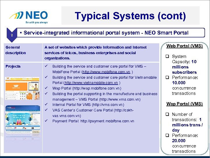 Typical Systems (cont) 2 • Service-integrated informational portal system - NEO Smart Portal General