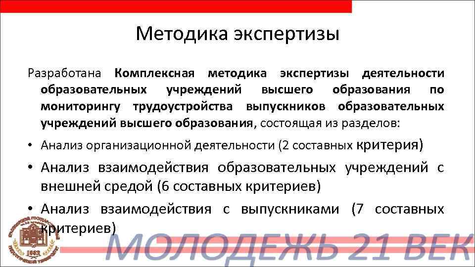 Методика экспертизы Разработана Комплексная методика экспертизы деятельности образовательных учреждений высшего образования по мониторингу трудоустройства