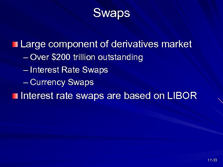 Swaps Large component of derivatives market – Over $200 trillion outstanding – Interest Rate