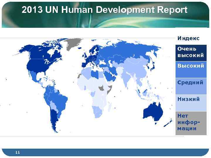 2013 UN Human Development Report Индекс Очень высокий Высокий Средний Низкий Нет информации 11