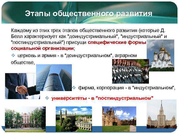 Этапы общественного развития Каждому из этих трех этапов общественного развития (которые Д. Белл характеризует