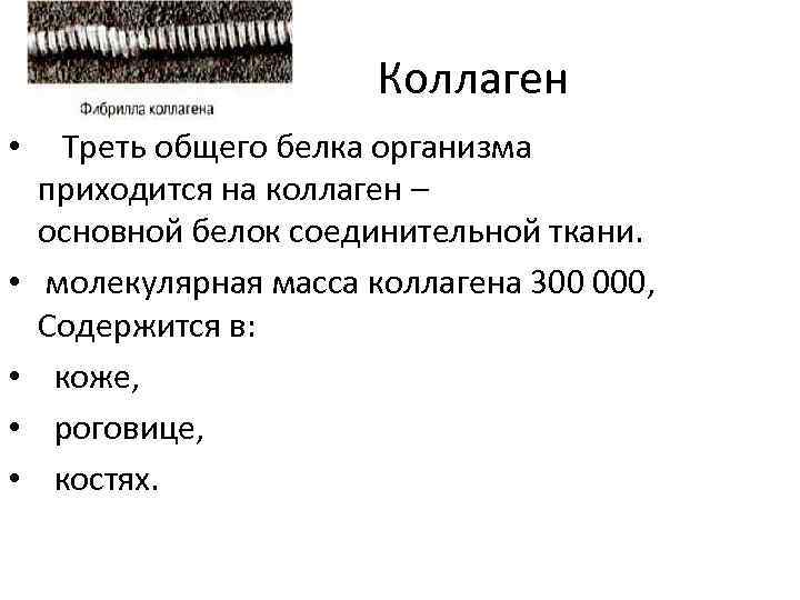 Коллаген • • • Треть общего белка организма приходится на коллаген – основной белок