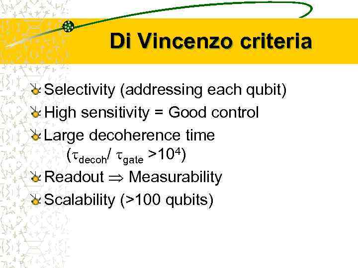 Di Vincenzo criteria Selectivity (addressing each qubit) High sensitivity = Good control Large decoherence