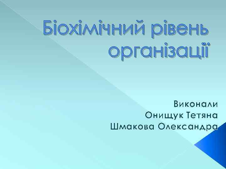 Біохімічний рівень організації Виконали Онищук Тетяна Шмакова Олександра 