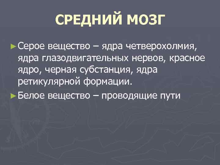 СРЕДНИЙ МОЗГ ► Серое вещество – ядра четверохолмия, ядра глазодвигательных нервов, красное ядро, черная