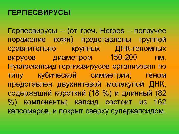 ГЕРПЕСВИРУСЫ Герпесвирусы – (от греч. Herpes – ползучее поражение кожи) представлены группой сравнительно крупных