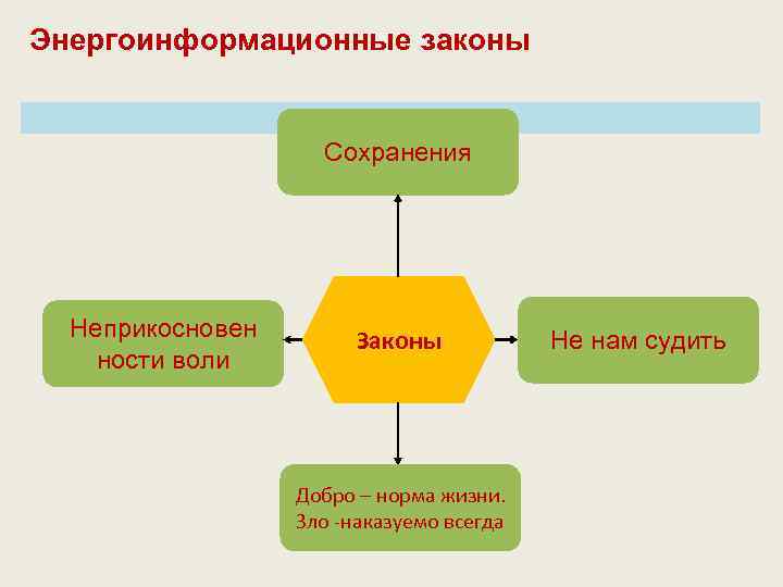 Энергоинформационные законы Сохранения Неприкосновен ности воли Законы Добро – норма жизни. Зло -наказуемо всегда