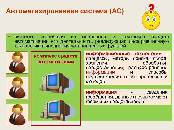 Автоматизированная система (АС) § система, состоящая из персонала и комплекса средств автоматизации его деятельности,