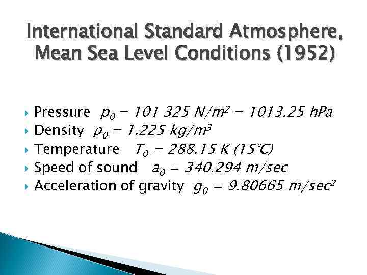 International Standard Atmosphere, Mean Sea Level Conditions (1952) Pressure p 0 = 101 325