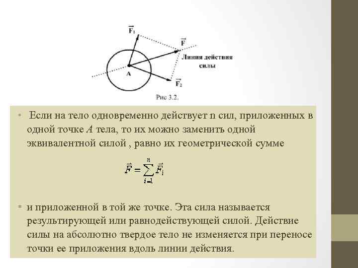  • Если на тело одновременно действует n сил, приложенных в одной точке А