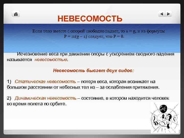 НЕВЕСОМОСТЬ Если тело вместе с опорой свободно падает, то a = g, и из