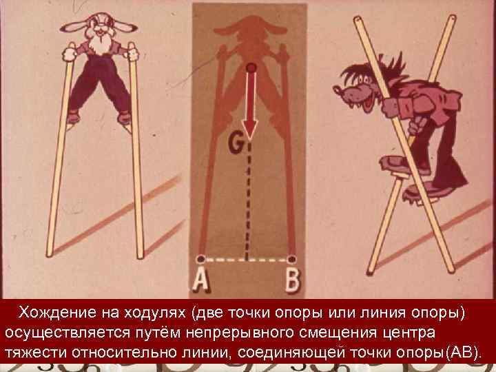 Хождение на ходулях (две точки опоры или линия опоры) осуществляется путём непрерывного смещения центра