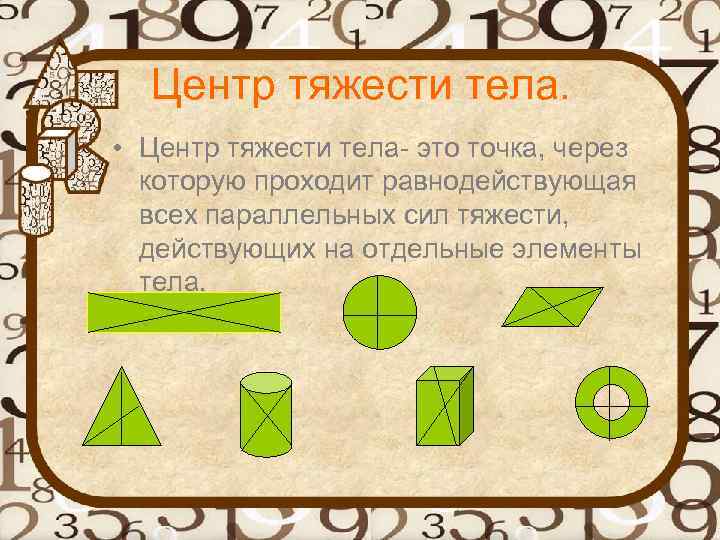 Центр тяжести тела. • Центр тяжести тела- это точка, через которую проходит равнодействующая всех