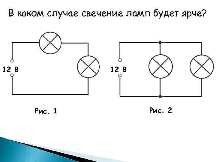 В каком случае свечение ламп будет ярче? 12 В Рис. 1 Рис. 2 