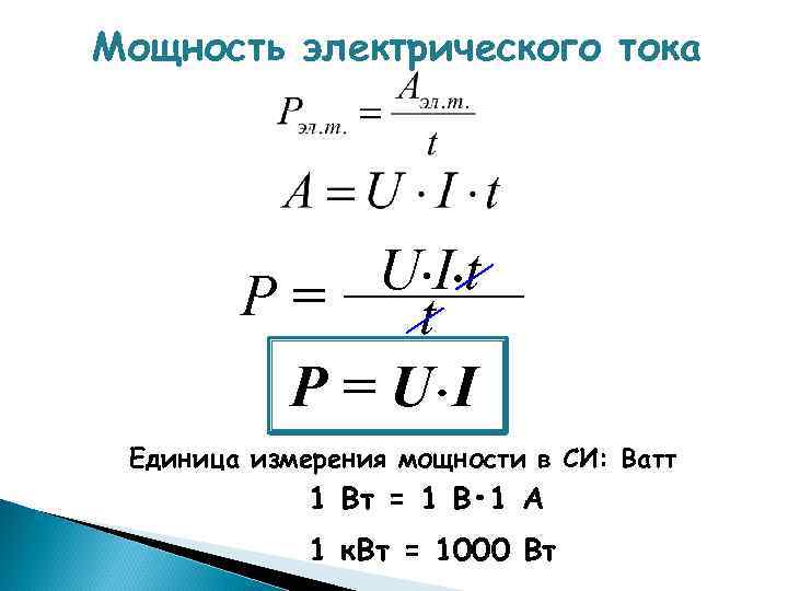 Мощность электрического тока U • I • t Р= t Р = U •