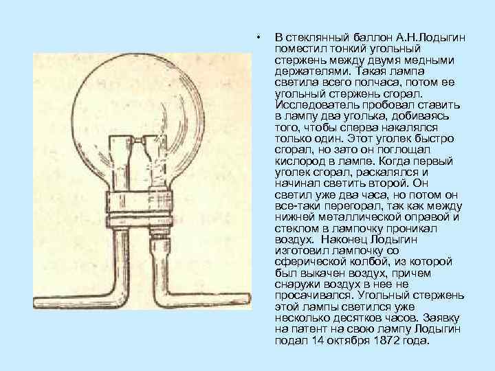  • В стеклянный баллон А. Н. Лодыгин поместил тонкий угольный стержень между двумя