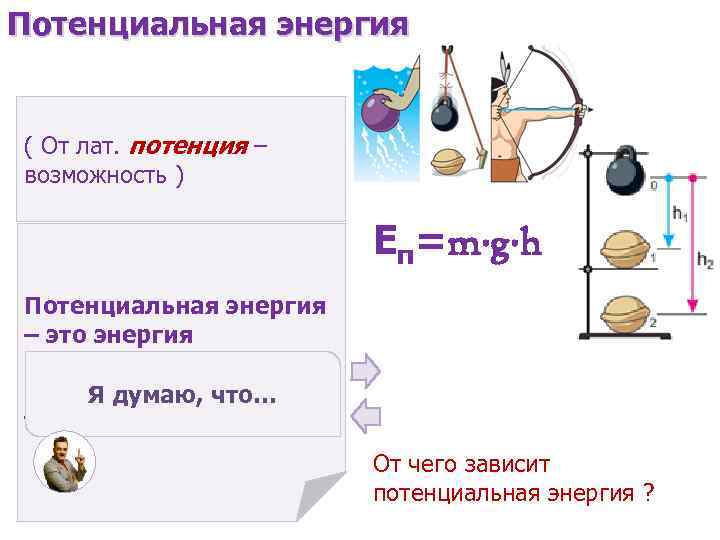 Потенциальная энергия ( От лат. потенция – возможность ) Еп=m∙g∙h Потенциальная энергия – это