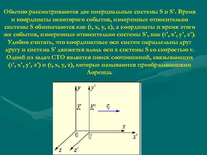 Обычно рассматриваются две инерциальные системы S и S'. Время и координаты некоторого события, измеренные
