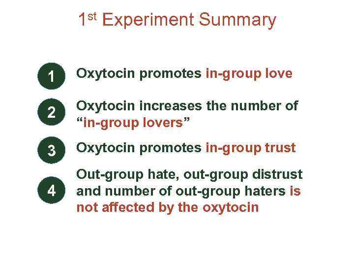 1 st Experiment Summary 1 Oxytocin promotes in-group love 2 Oxytocin increases the number