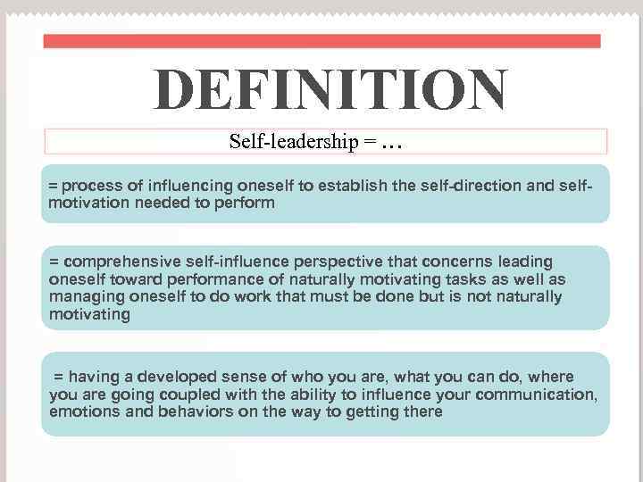 DEFINITION Self-leadership = … = process of influencing oneself to establish the self-direction and