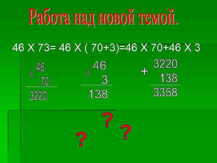 46 Х 73= 46 Х ( 70+3)=46 Х 70+46 Х 3 