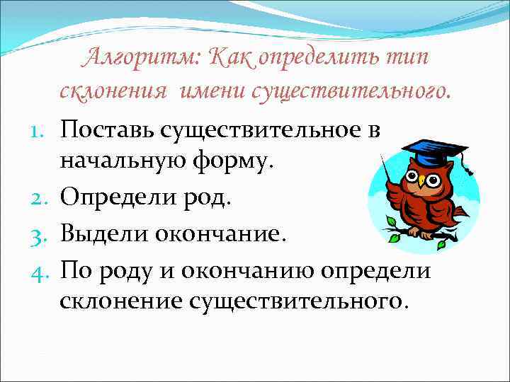 Алгоритм: Как определить тип склонения имени существительного. 1. Поставь существительное в начальную форму. 2.