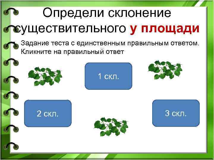 Определи склонение существительного у площади • Задание теста с единственным правильным ответом. Кликните на