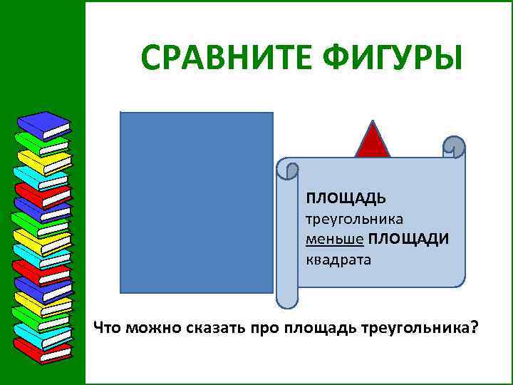 СРАВНИТЕ ФИГУРЫ ПЛОЩАДЬ треугольника меньше ПЛОЩАДИ квадрата Что можно сказать про площадь треугольника? 