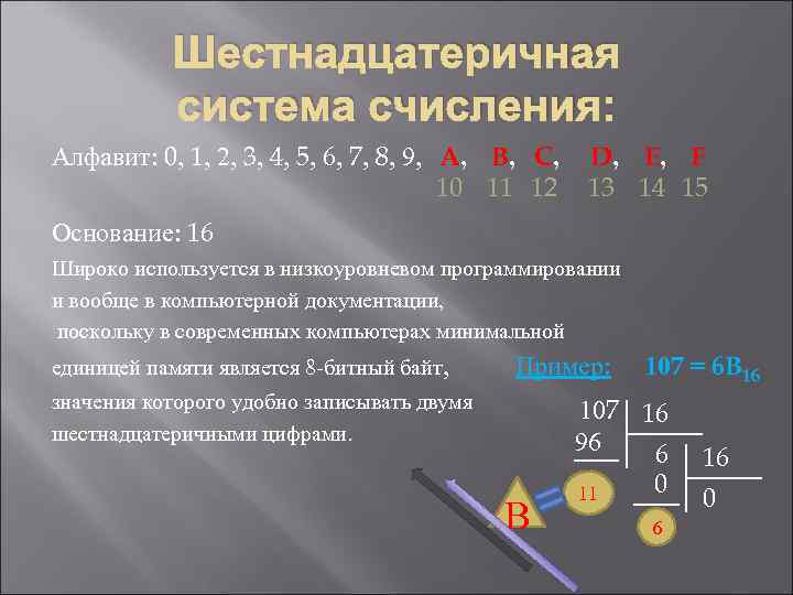 Шестнадцатеричная система счисления: Алфавит: 0, 1, 2, 3, 4, 5, 6, 7, 8, 9,