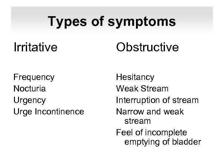 Types of symptoms Irritative Obstructive Frequency Nocturia Urgency Urge Incontinence Hesitancy Weak Stream Interruption