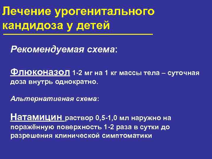 Лечение урогенитального кандидоза у детей Рекомендуемая схема: Флюконазол 1 -2 мг на 1 кг