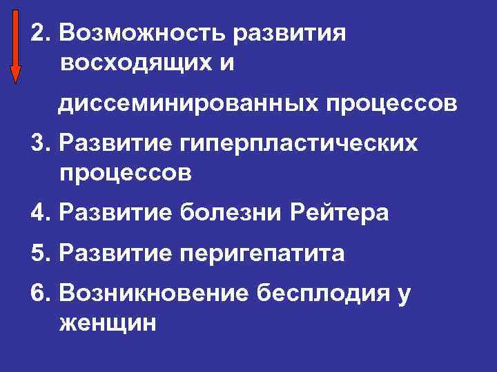 2. Возможность развития восходящих и диссеминированных процессов 3. Развитие гиперпластических процессов 4. Развитие болезни