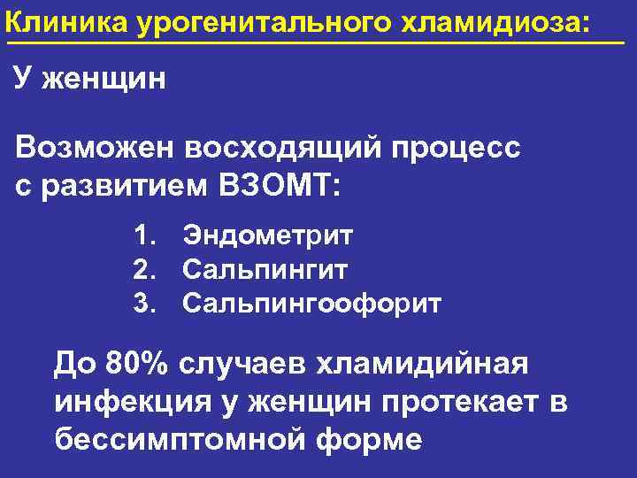 Клиника урогенитального хламидиоза: У женщин Возможен восходящий процесс с развитием ВЗОМТ: 1. Эндометрит 2.