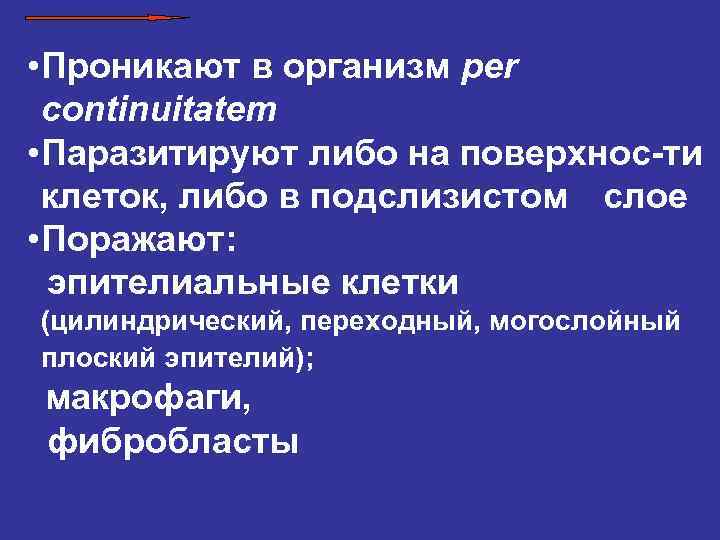  • Проникают в организм per continuitatem • Паразитируют либо на поверхнос-ти клеток, либо