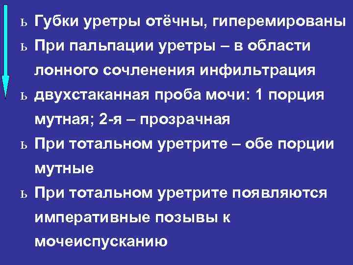 ь Губки уретры отёчны, гиперемированы ь При пальпации уретры – в области лонного сочленения