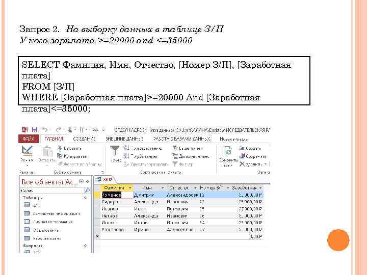 Запрос 2. На выборку данных в таблице З/П У кого зарплата >=20000 and <=35000