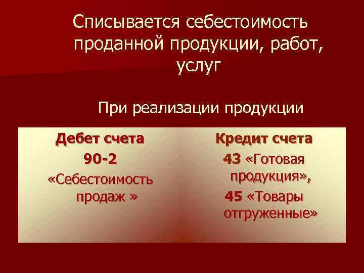 Списывается себестоимость проданной продукции, работ, услуг При реализации продукции Дебет счета 90 -2 «Себестоимость