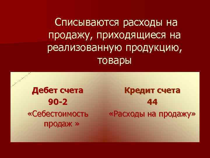 Списываются расходы на продажу, приходящиеся на реализованную продукцию, товары Дебет счета 90 -2 «Себестоимость