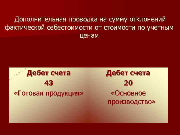 Дополнительная проводка на сумму отклонений фактической себестоимости от стоимости по учетным ценам Дебет счета