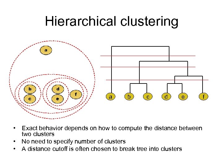 Hierarchical clustering a b c d e • Exact behavior depends on how to