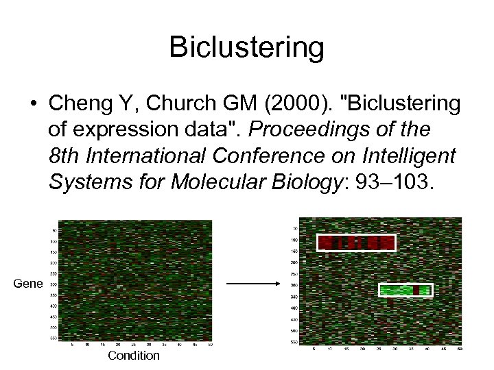 Biclustering • Cheng Y, Church GM (2000). "Biclustering of expression data". Proceedings of the