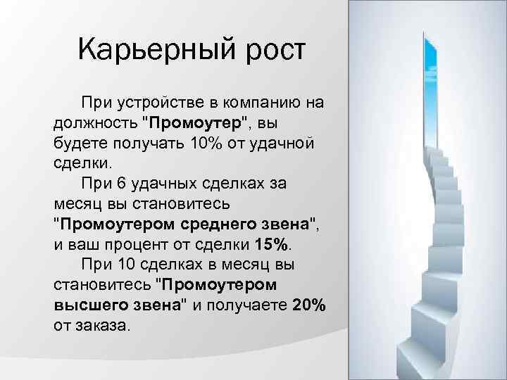 Карьерный рост При устройстве в компанию на должность "Промоутер", вы будете получать 10% от