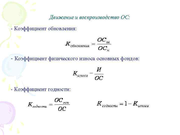 Движение и воспроизводство ОС: - Коэффициент обновления: - Коэффициент физического износа основных фондов: -