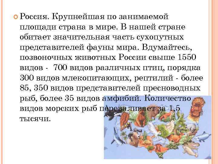  Россия. Крупнейшая по занимаемой площади страна в мире. В нашей стране обитает значительная